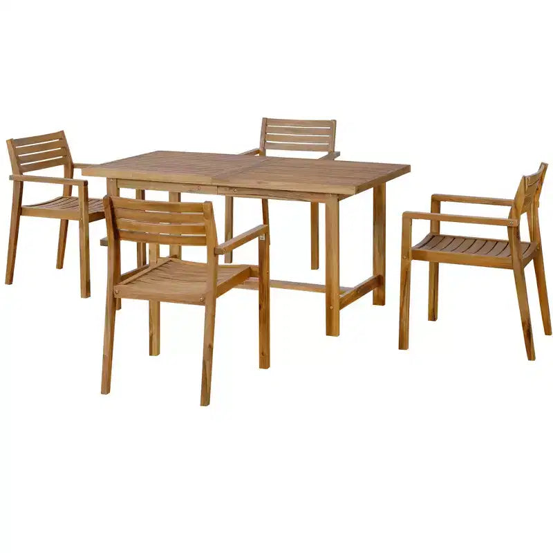 GDFStudio Lena Ensemble de salle à manger d'extérieur 5 pièces en bois d'acacia avec table rectangulaire de 150 cm et trou pour parasol
