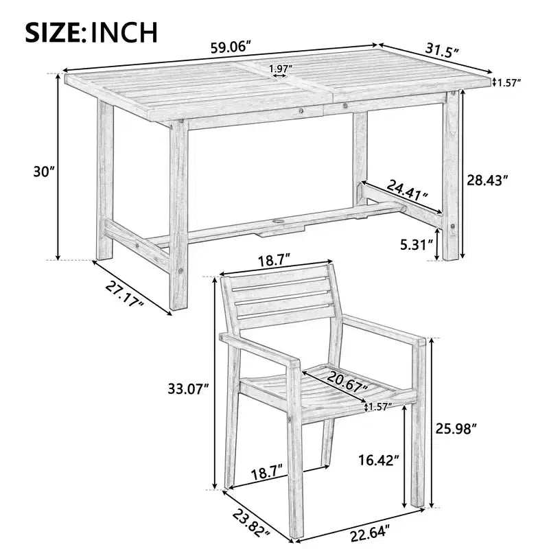 GDFStudio Lena Ensemble de salle à manger d'extérieur 5 pièces en bois d'acacia avec table rectangulaire de 150 cm et trou pour parasol