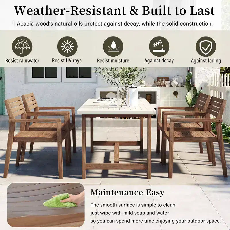 GDFStudio Lena Ensemble de salle à manger d'extérieur 5 pièces en bois d'acacia avec table rectangulaire de 150 cm et trou pour parasol