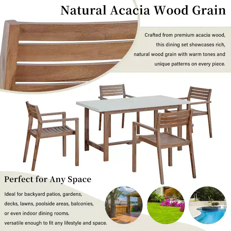 GDFStudio Lena Ensemble de salle à manger d'extérieur 5 pièces en bois d'acacia avec table rectangulaire de 150 cm et trou pour parasol