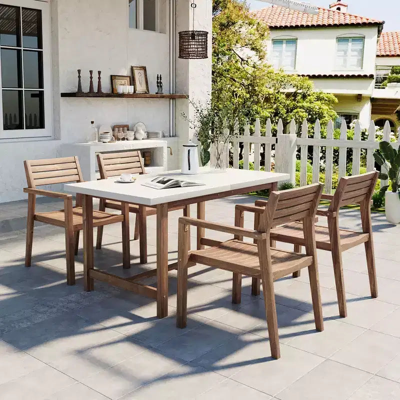 GDFStudio Lena Ensemble de salle à manger d'extérieur 5 pièces en bois d'acacia avec table rectangulaire de 150 cm et trou pour parasol