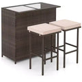 Gymax 3PCS Outdoor Bar Set 39 Rectangular Bar Table w/ 2 Soft Padded Stools Removable Cushions Tempered Glass Tabletop & 2 Storage Shelves Beige/Red