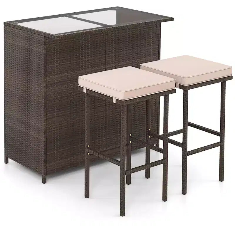 Gymax 3PCS Outdoor Bar Set 39 Rectangular Bar Table w/ 2 Soft Padded Stools Removable Cushions Tempered Glass Tabletop & 2 Storage Shelves Beige/Red