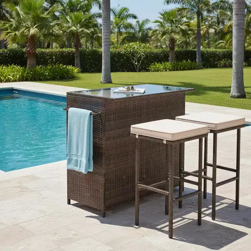 Gymax Ensemble de bar d'extérieur 3 pièces, table de bar rectangulaire 39" avec 2 tabourets rembourrés doux, coussins amovibles, plateau en verre trempé et 2 étagères de rangement Beige/Rouge