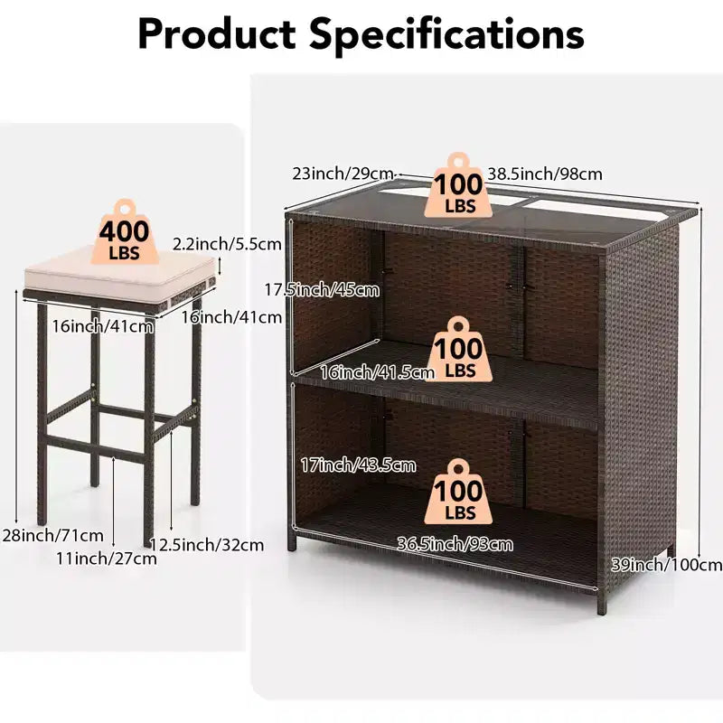 Gymax Ensemble de bar d'extérieur 3 pièces, table de bar rectangulaire 39" avec 2 tabourets rembourrés doux, coussins amovibles, plateau en verre trempé et 2 étagères de rangement Beige/Rouge