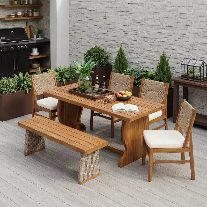 Christopher Knight Home Zola Modern 6 Piece Patio Acacia Dining Chairs with Wicker Backrest and Slatted Table Set