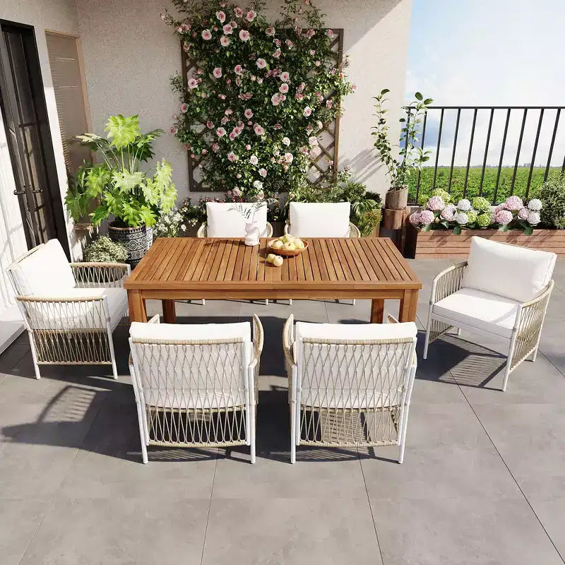 5/7PCS Outdoor Dining Set Patio Dining Furniture Set with 4/6 Rattan Arm Chairs & Weather-Resistant Acacia Wood Table, Natural - ModernLuxe