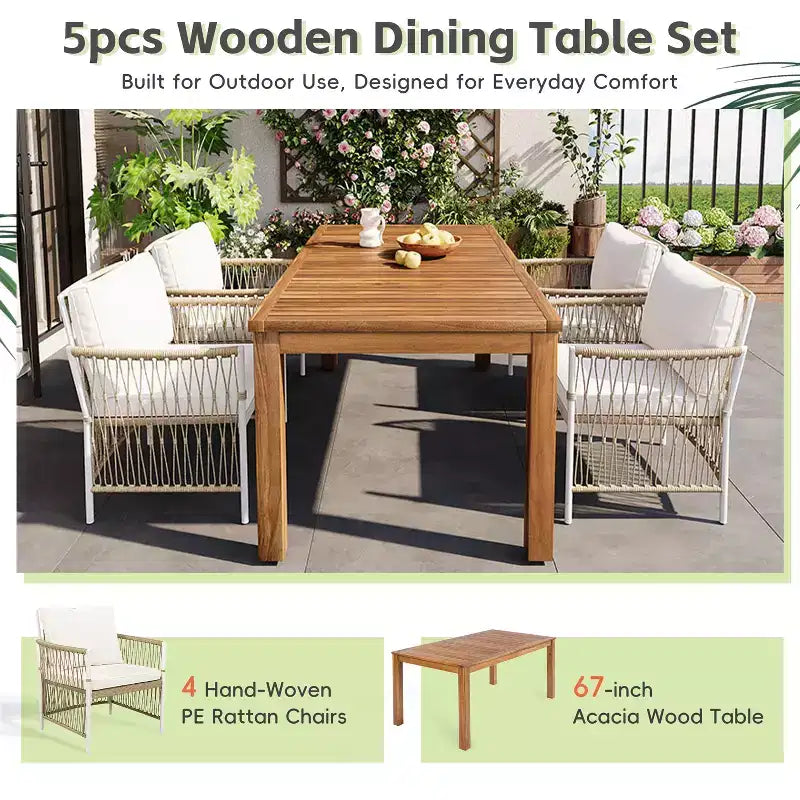 Ensemble de salle à manger d'extérieur 5/7 pièces, salon de jardin avec 4/6 fauteuils en rotin et table en bois d'acacia résistant aux intempéries, Naturel - ModernLuxe