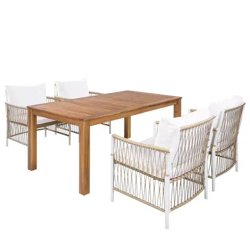 Ensemble de salle à manger d'extérieur 5/7 pièces, salon de jardin avec 4/6 fauteuils en rotin et table en bois d'acacia résistant aux intempéries, Naturel - ModernLuxe