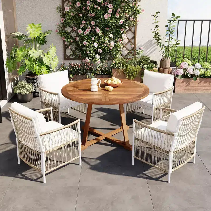Ensemble de salle à manger d'extérieur 5/7 pièces, salon de jardin avec 4/6 fauteuils en rotin et table en bois d'acacia résistant aux intempéries, Naturel - ModernLuxe