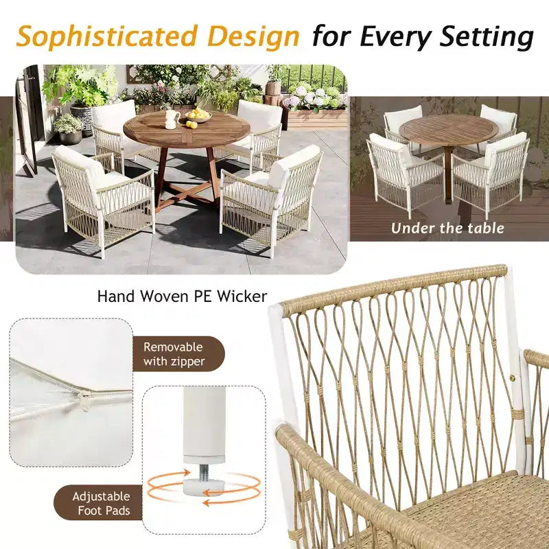 Ensemble de salle à manger d'extérieur 5/7 pièces, salon de jardin avec 4/6 fauteuils en rotin et table en bois d'acacia résistant aux intempéries, Naturel - ModernLuxe