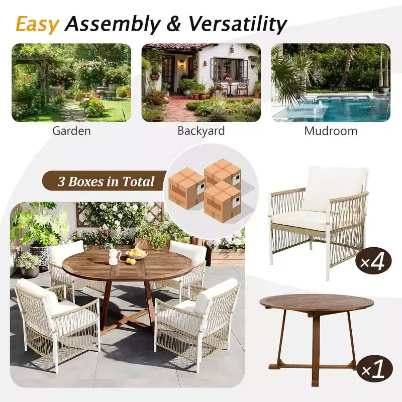 Ensemble de salle à manger d'extérieur 5/7 pièces, salon de jardin avec 4/6 fauteuils en rotin et table en bois d'acacia résistant aux intempéries, Naturel - ModernLuxe