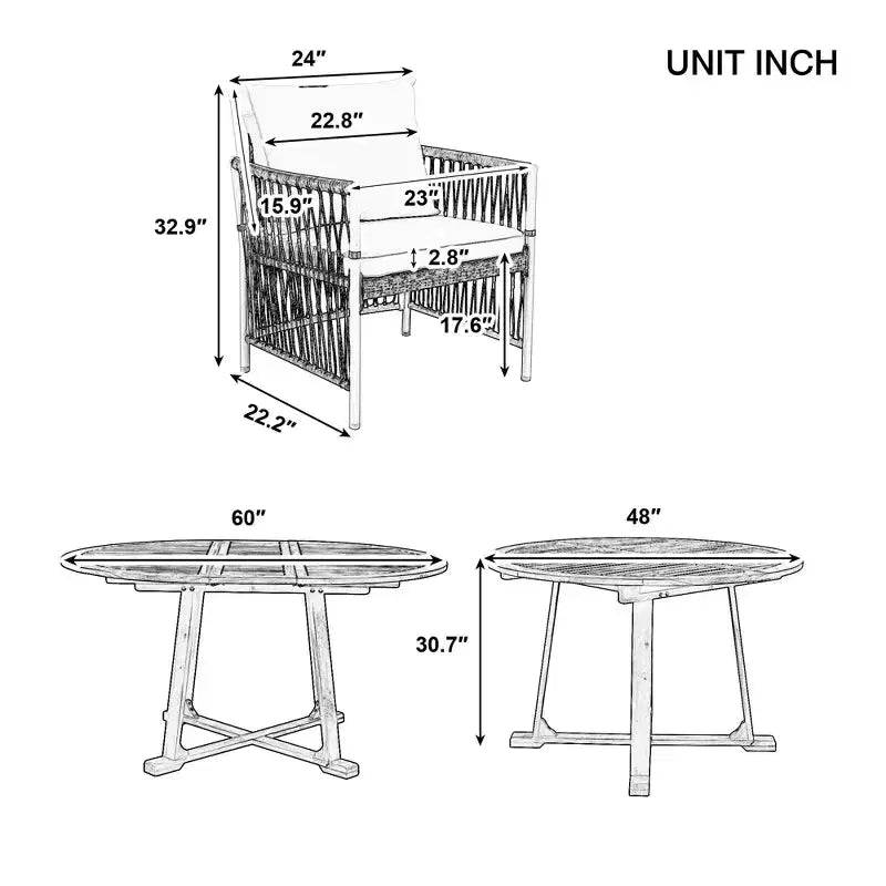 Ensemble de salle à manger d'extérieur 5/7 pièces, salon de jardin avec 4/6 fauteuils en rotin et table en bois d'acacia résistant aux intempéries, Naturel - ModernLuxe