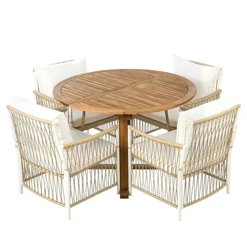 Ensemble de salle à manger d'extérieur 5/7 pièces, salon de jardin avec 4/6 fauteuils en rotin et table en bois d'acacia résistant aux intempéries, Naturel - ModernLuxe
