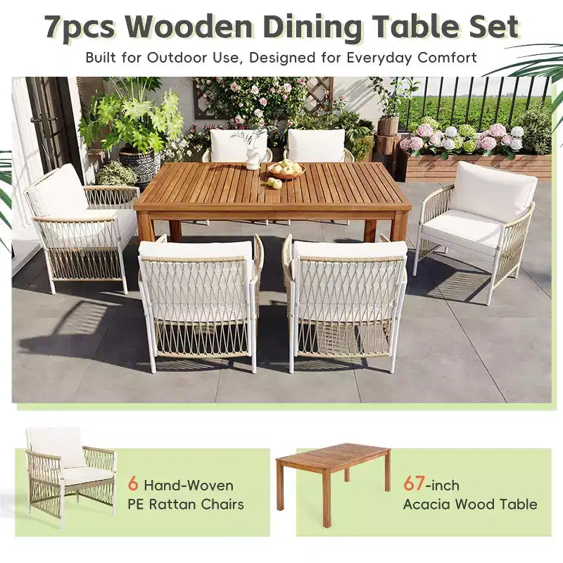 Ensemble de salle à manger d'extérieur 5/7 pièces, salon de jardin avec 4/6 fauteuils en rotin et table en bois d'acacia résistant aux intempéries, Naturel - ModernLuxe