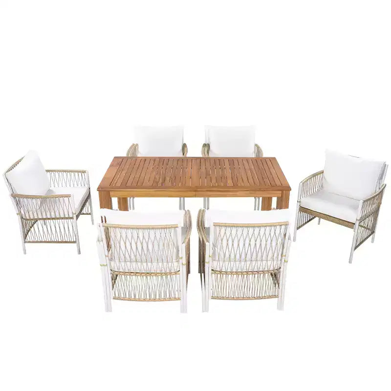 Ensemble de salle à manger d'extérieur 5/7 pièces, salon de jardin avec 4/6 fauteuils en rotin et table en bois d'acacia résistant aux intempéries, Naturel - ModernLuxe