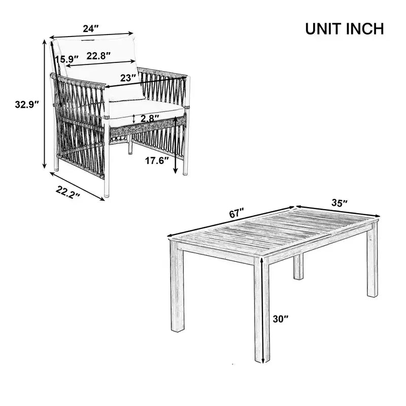 Ensemble de salle à manger d'extérieur 5/7 pièces, salon de jardin avec 4/6 fauteuils en rotin et table en bois d'acacia résistant aux intempéries, Naturel - ModernLuxe