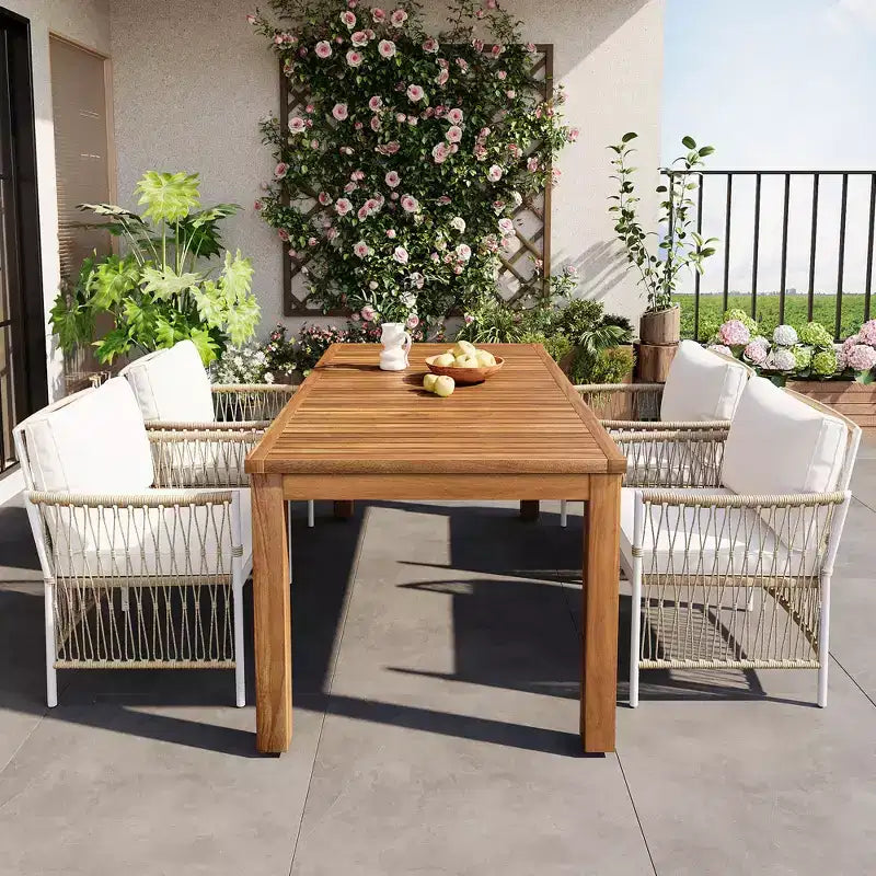 Ensemble de salle à manger d'extérieur 5/7 pièces, salon de jardin avec 4/6 fauteuils en rotin et table en bois d'acacia résistant aux intempéries, Naturel - ModernLuxe