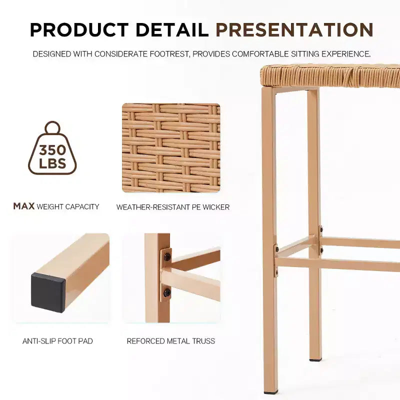 Ensemble de bar de jardin extérieur EROMMY, bar de patio en osier avec 2 tabourets, étagère de rangement pour jardin ou bord de piscine