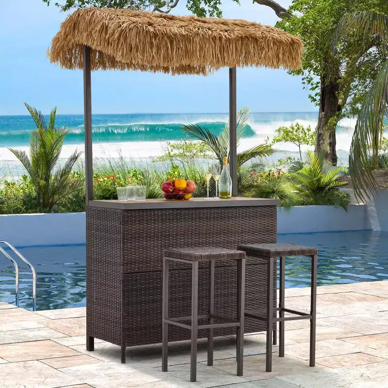 Ensemble de bar de jardin extérieur EROMMY, bar de patio en osier avec 2 tabourets, étagère de rangement pour jardin ou bord de piscine