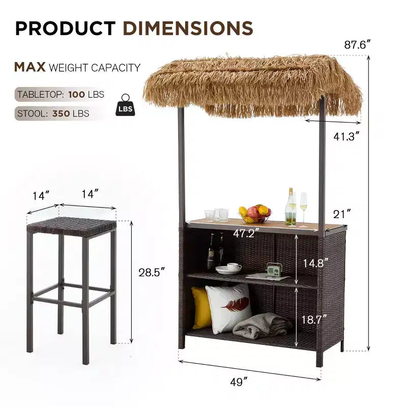 Ensemble de bar de jardin extérieur EROMMY, bar de patio en osier avec 2 tabourets, étagère de rangement pour jardin ou bord de piscine