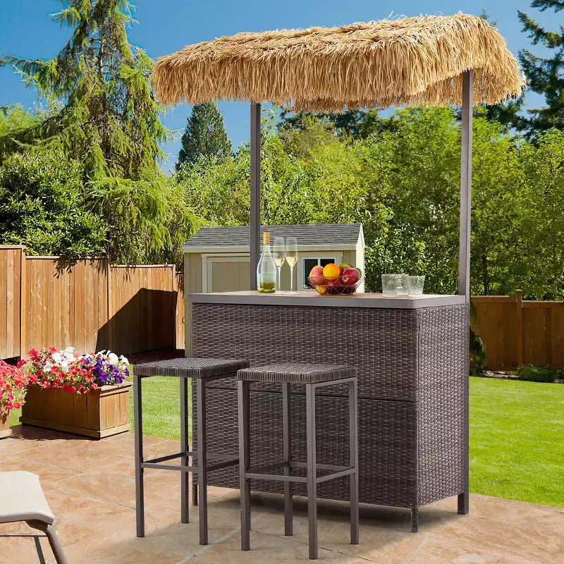 Ensemble de bar de jardin extérieur EROMMY, bar de patio en osier avec 2 tabourets, étagère de rangement pour jardin ou bord de piscine
