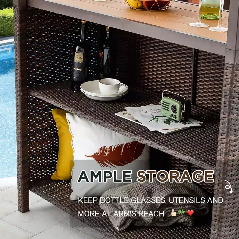 Ensemble de bar de jardin extérieur EROMMY, bar de patio en osier avec 2 tabourets, étagère de rangement pour jardin ou bord de piscine