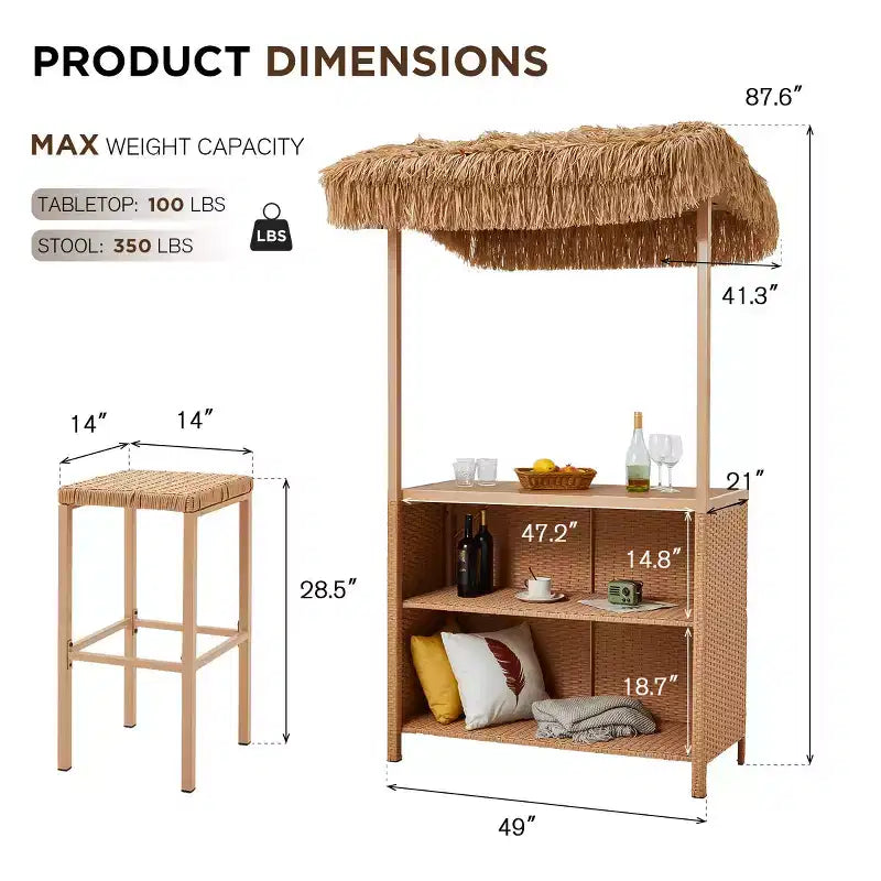 Ensemble de bar de jardin extérieur EROMMY, bar de patio en osier avec 2 tabourets, étagère de rangement pour jardin ou bord de piscine