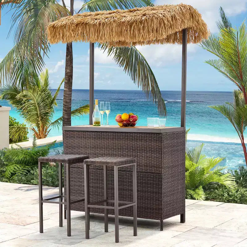 Ensemble de bar de jardin extérieur EROMMY, bar de patio en osier avec 2 tabourets, étagère de rangement pour jardin ou bord de piscine