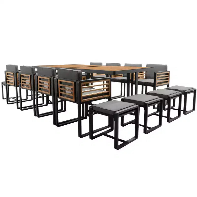 GDFStudio Ernest Patio Ensemble de Salle à Manger Moderne 18 Pièces en Bois d'Acacia avec 2 Tables, 8 Chaises Coussins et 8 Ottomans