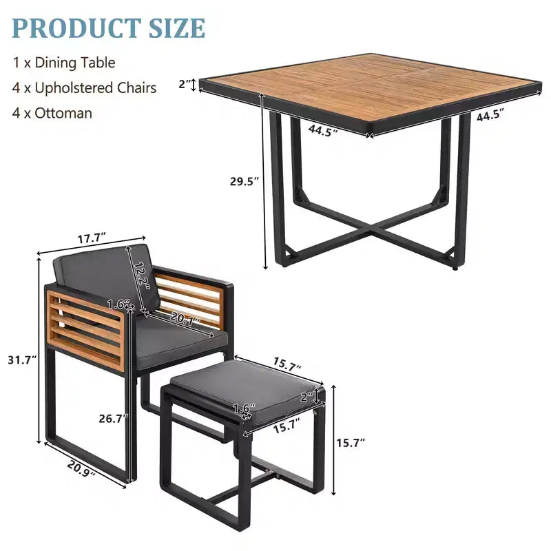 GDFStudio Ernest Patio Ensemble de Salle à Manger Moderne 18 Pièces en Bois d'Acacia avec 2 Tables, 8 Chaises Coussins et 8 Ottomans