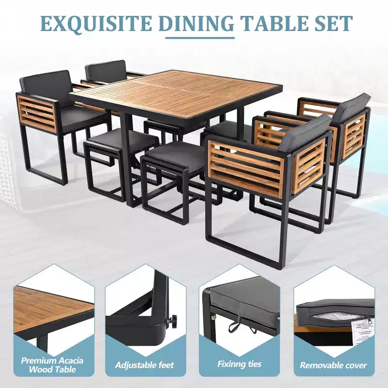 GDFStudio Ernest Patio Ensemble de Salle à Manger Moderne 18 Pièces en Bois d'Acacia avec 2 Tables, 8 Chaises Coussins et 8 Ottomans