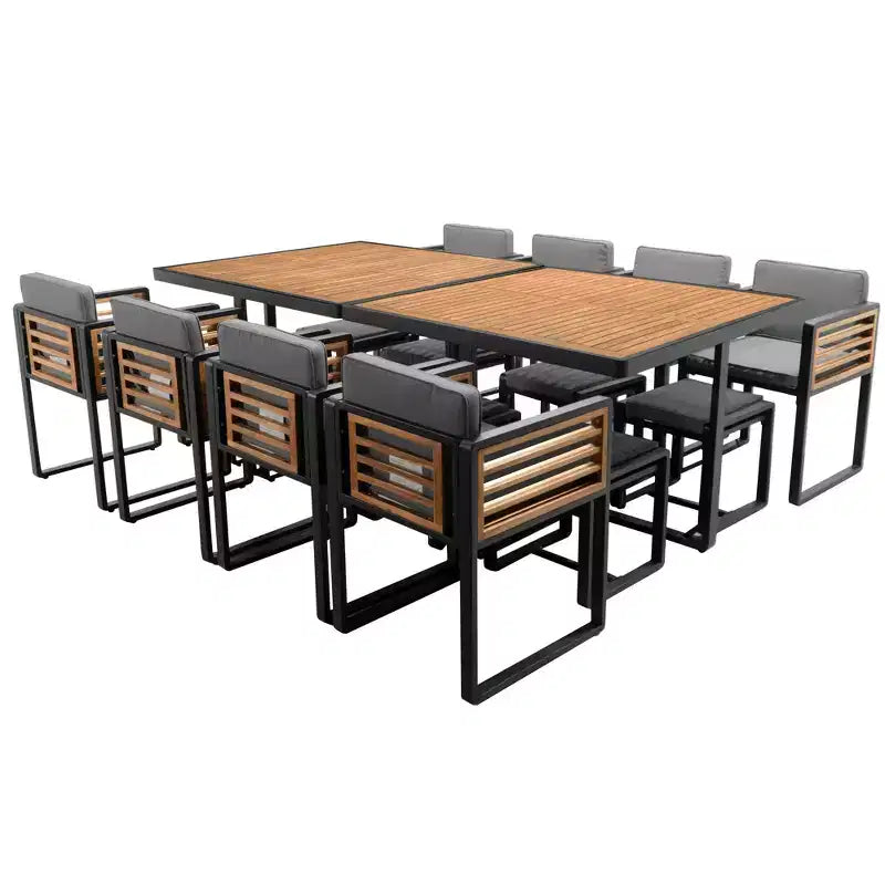 GDFStudio Ernest Patio Ensemble de Salle à Manger Moderne 18 Pièces en Bois d'Acacia avec 2 Tables, 8 Chaises Coussins et 8 Ottomans
