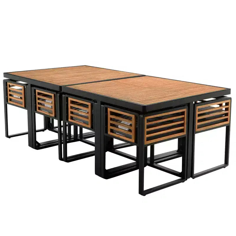 GDFStudio Ernest Patio Ensemble de Salle à Manger Moderne 18 Pièces en Bois d'Acacia avec 2 Tables, 8 Chaises Coussins et 8 Ottomans