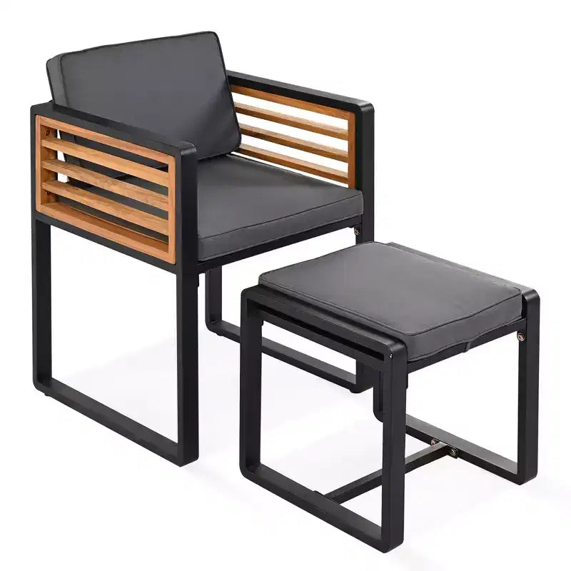 GDFStudio Ernest Patio Ensemble de Salle à Manger Moderne 18 Pièces en Bois d'Acacia avec 2 Tables, 8 Chaises Coussins et 8 Ottomans