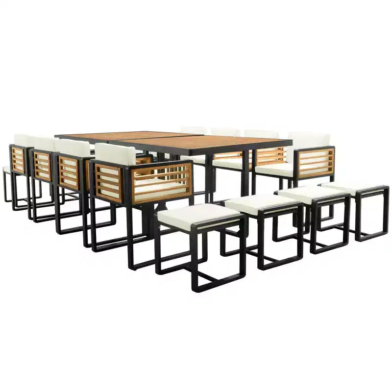 GDFStudio Ernest Patio Ensemble de Salle à Manger Moderne 18 Pièces en Bois d'Acacia avec 2 Tables, 8 Chaises Coussins et 8 Ottomans