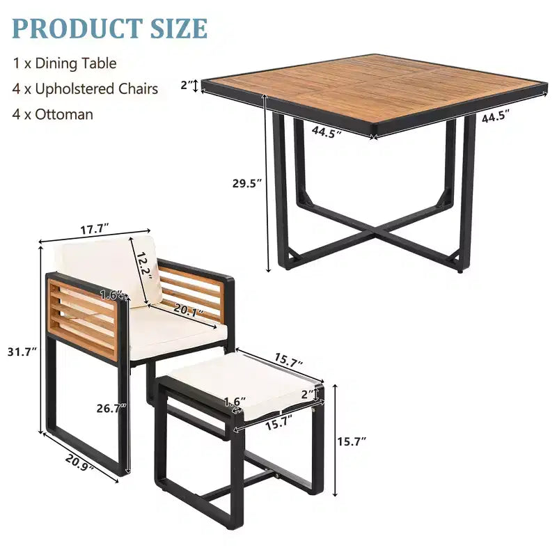 GDFStudio Ernest Patio Ensemble de Salle à Manger Moderne 18 Pièces en Bois d'Acacia avec 2 Tables, 8 Chaises Coussins et 8 Ottomans