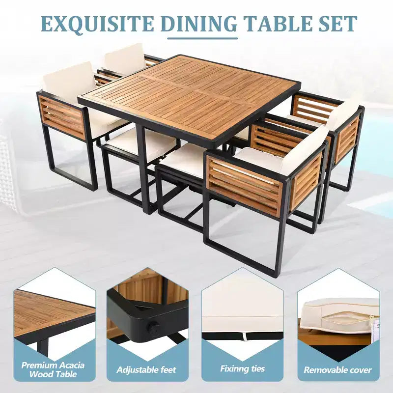 GDFStudio Ernest Patio Ensemble de Salle à Manger Moderne 18 Pièces en Bois d'Acacia avec 2 Tables, 8 Chaises Coussins et 8 Ottomans