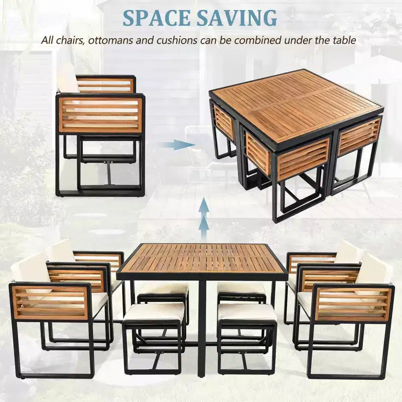 GDFStudio Ernest Patio Ensemble de Salle à Manger Moderne 18 Pièces en Bois d'Acacia avec 2 Tables, 8 Chaises Coussins et 8 Ottomans