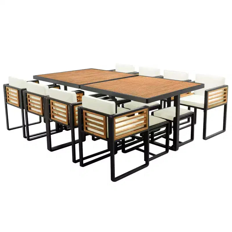 GDFStudio Ernest Patio Ensemble de Salle à Manger Moderne 18 Pièces en Bois d'Acacia avec 2 Tables, 8 Chaises Coussins et 8 Ottomans