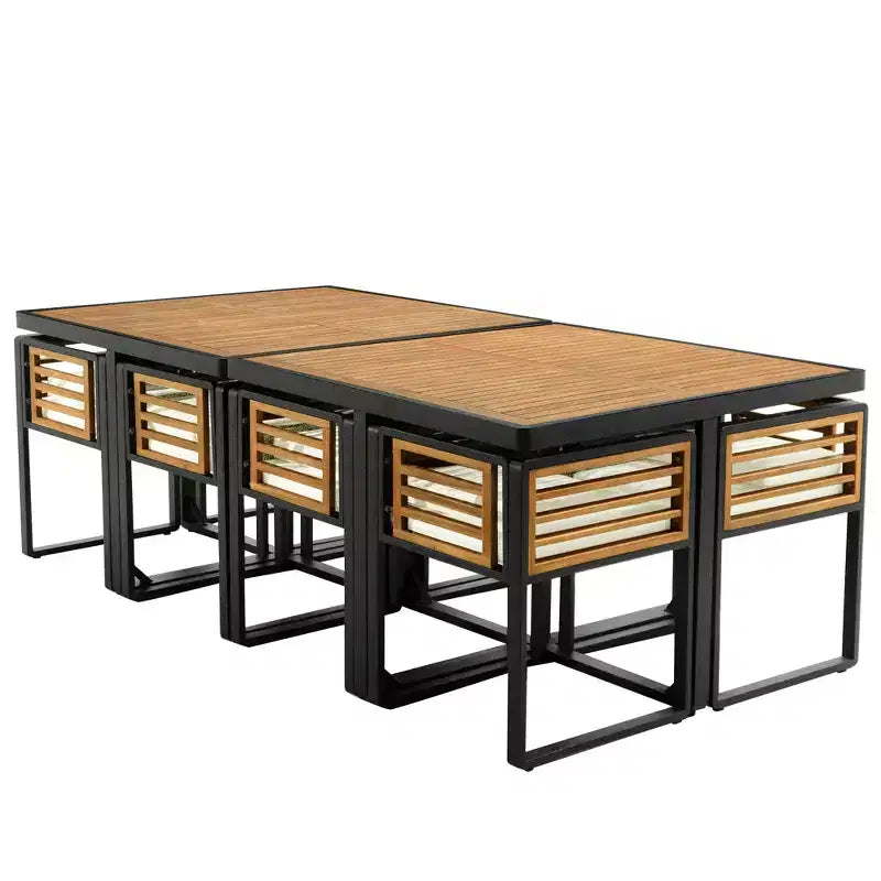 GDFStudio Ernest Patio Ensemble de Salle à Manger Moderne 18 Pièces en Bois d'Acacia avec 2 Tables, 8 Chaises Coussins et 8 Ottomans