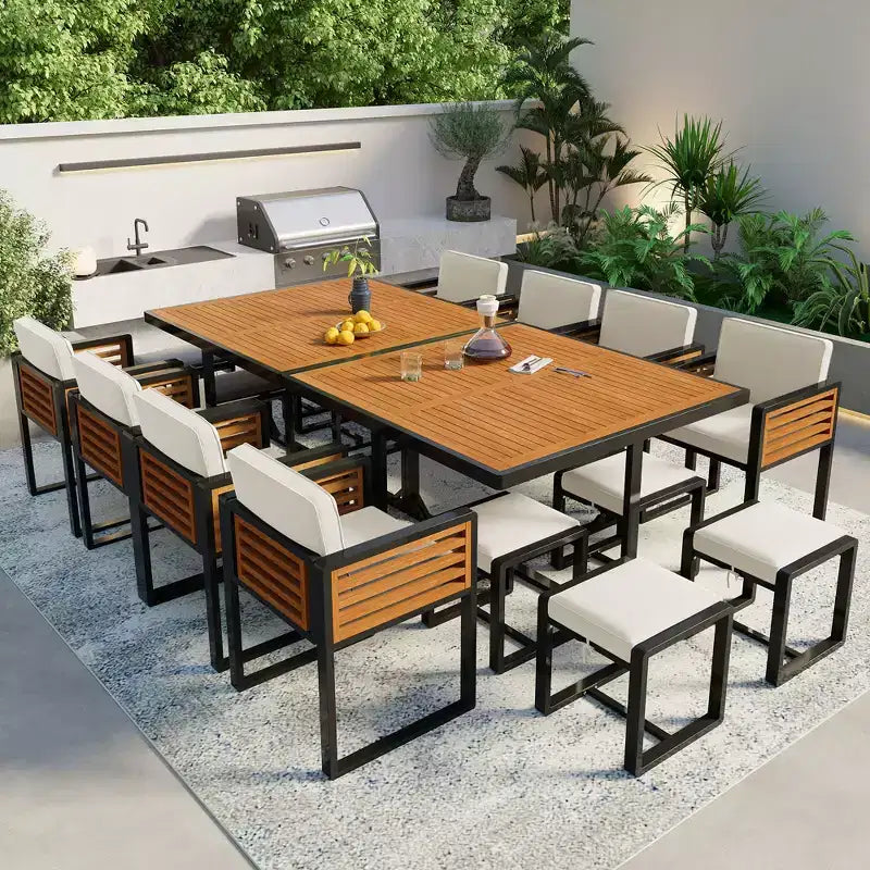 GDFStudio Ernest Patio Modern Acacia Wood 18-Piece Dining Set with 2 Tables, 8 Cushioned Chairs and 8 Ottomans