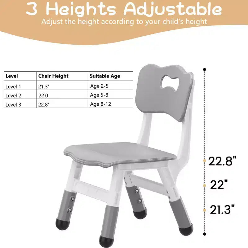 Chaise pour enfants, réglable sur 3 niveaux, dossier en forme de cœur, lot de 4 chaises pour tout-petits de 2 à 6 ans, antidérapantes et empilables (gris)
