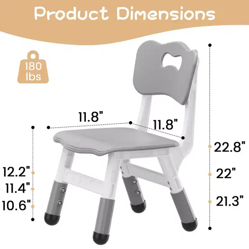 Chaise pour enfants, réglable sur 3 niveaux, dossier en forme de cœur, lot de 4 chaises pour tout-petits de 2 à 6 ans, antidérapantes et empilables (gris)