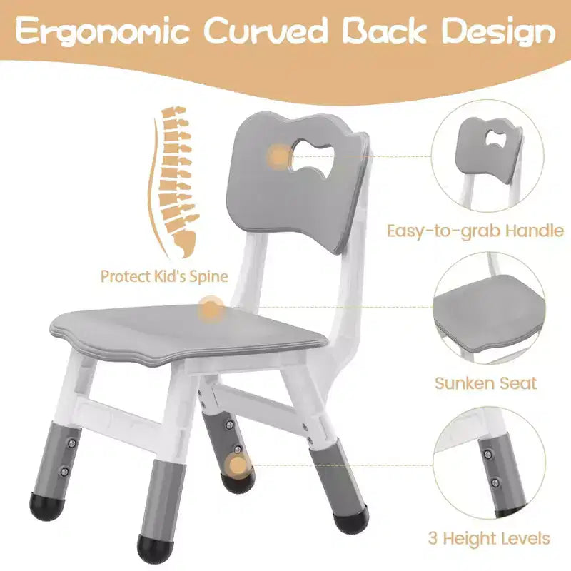Chaise pour enfants, réglable sur 3 niveaux, dossier en forme de cœur, lot de 4 chaises pour tout-petits de 2 à 6 ans, antidérapantes et empilables (gris)