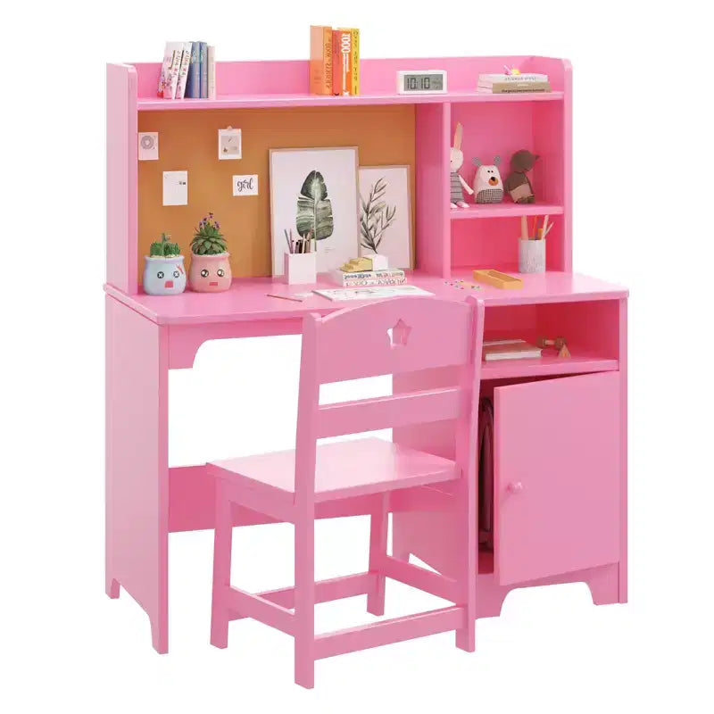 Children's Study Desk and Chair Set with Hutch & Storage Cabinet, Wooden Study Table, Ergonomic, for Bedroom, Study Room