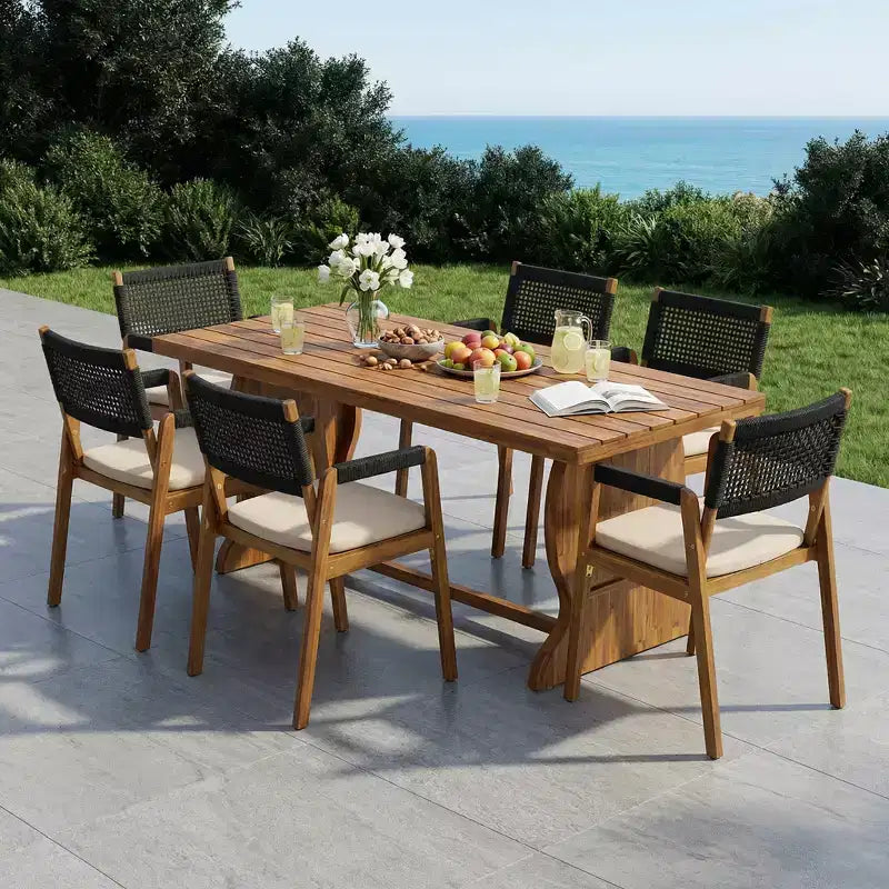 Christopher Knight Home Andika Modern 7 Piece Acacia Wood Dining Set with Rope Backrest and Slatted Table