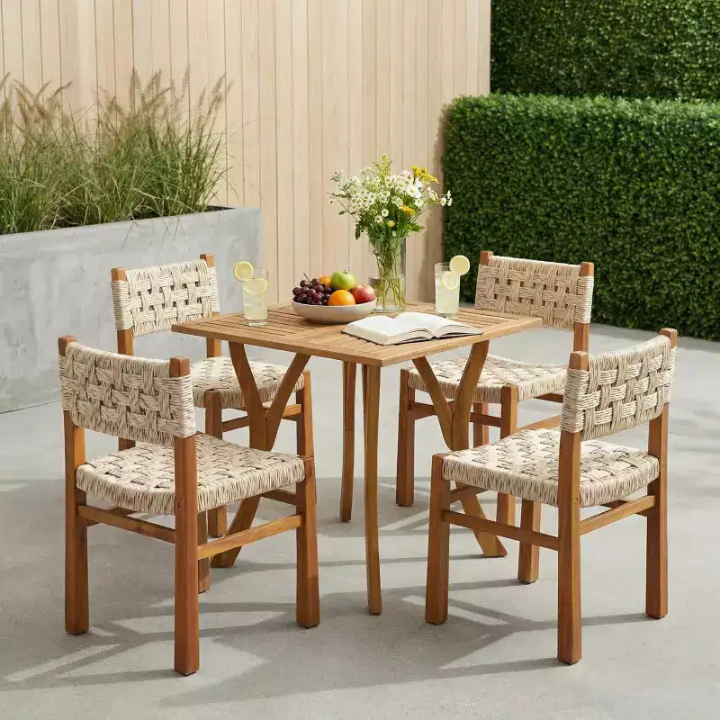 Christopher Knight Home Ginni Farmhouse 5 Piece Acacia Wood Dining Set with Slatted Design and Wicker Weave