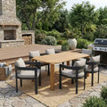 Christopher Knight Home Elko Modern 7 Piece Outdoor Acacia Wood Slatted Dining Table with Aluminum Chairs and Cushions