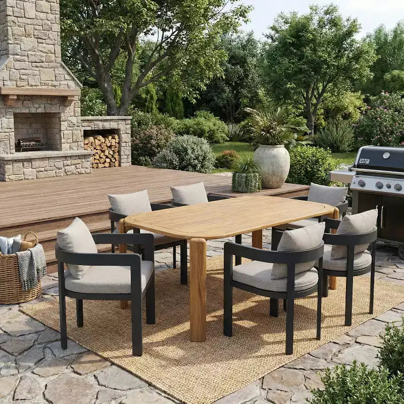 Christopher Knight Home Elko Modern 7 Piece Outdoor Acacia Wood Slatted Dining Table with Aluminum Chairs and Cushions